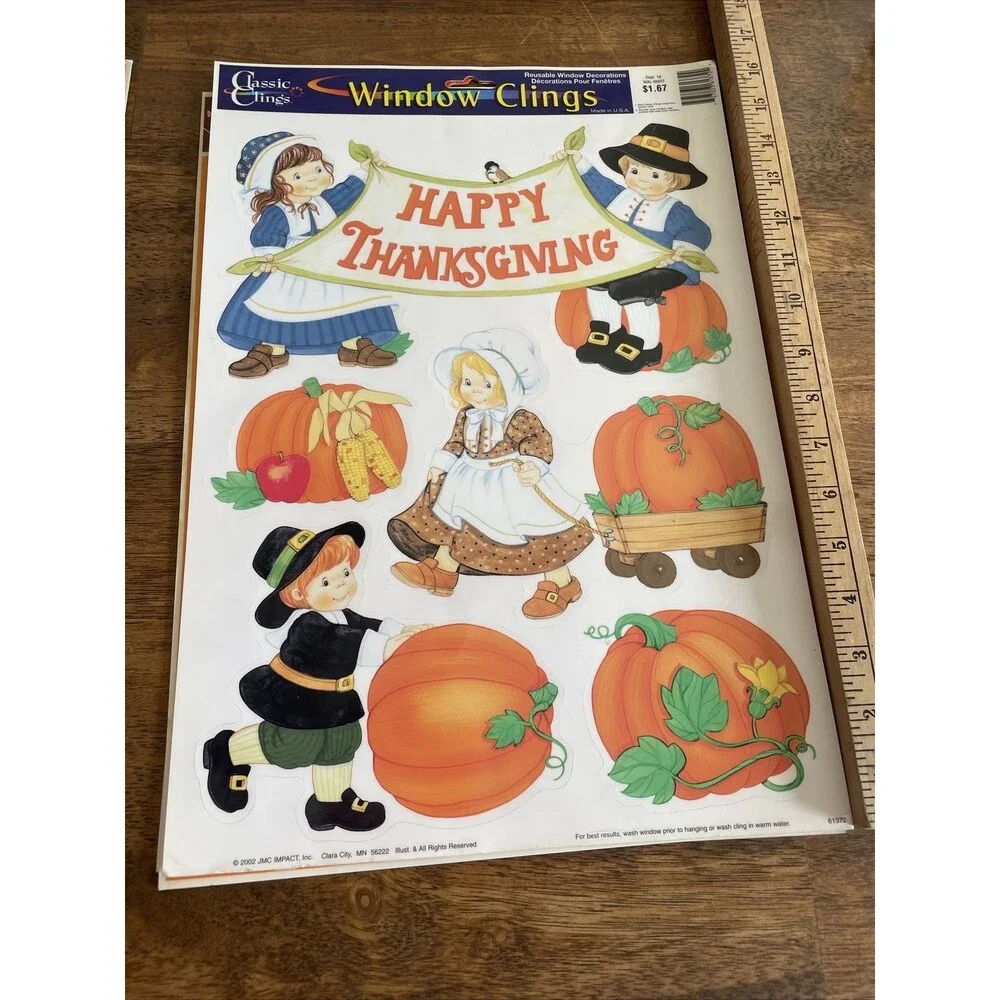 5 Vintage Vinyl Window Clings Thanksgiving And Fall Themed Pumpkins Turkey
